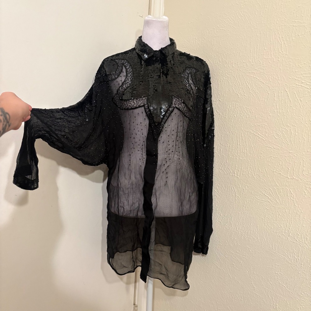 Vintage 100% Silk Chiffon Beaded Sequin Sheer Button Down Blouse Whimsigoth Glam